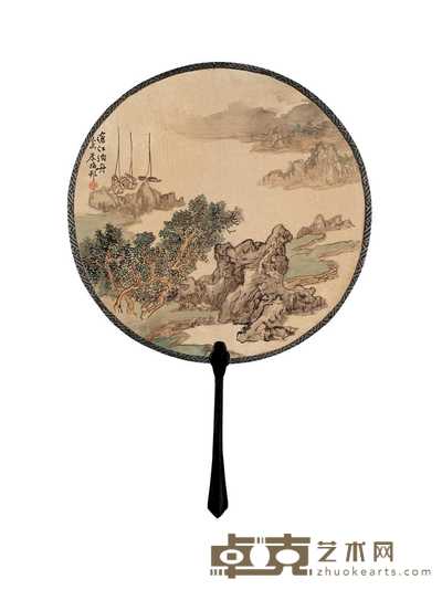 朱梅邨 己未（1979年）作 沧江泊舟 纨扇 